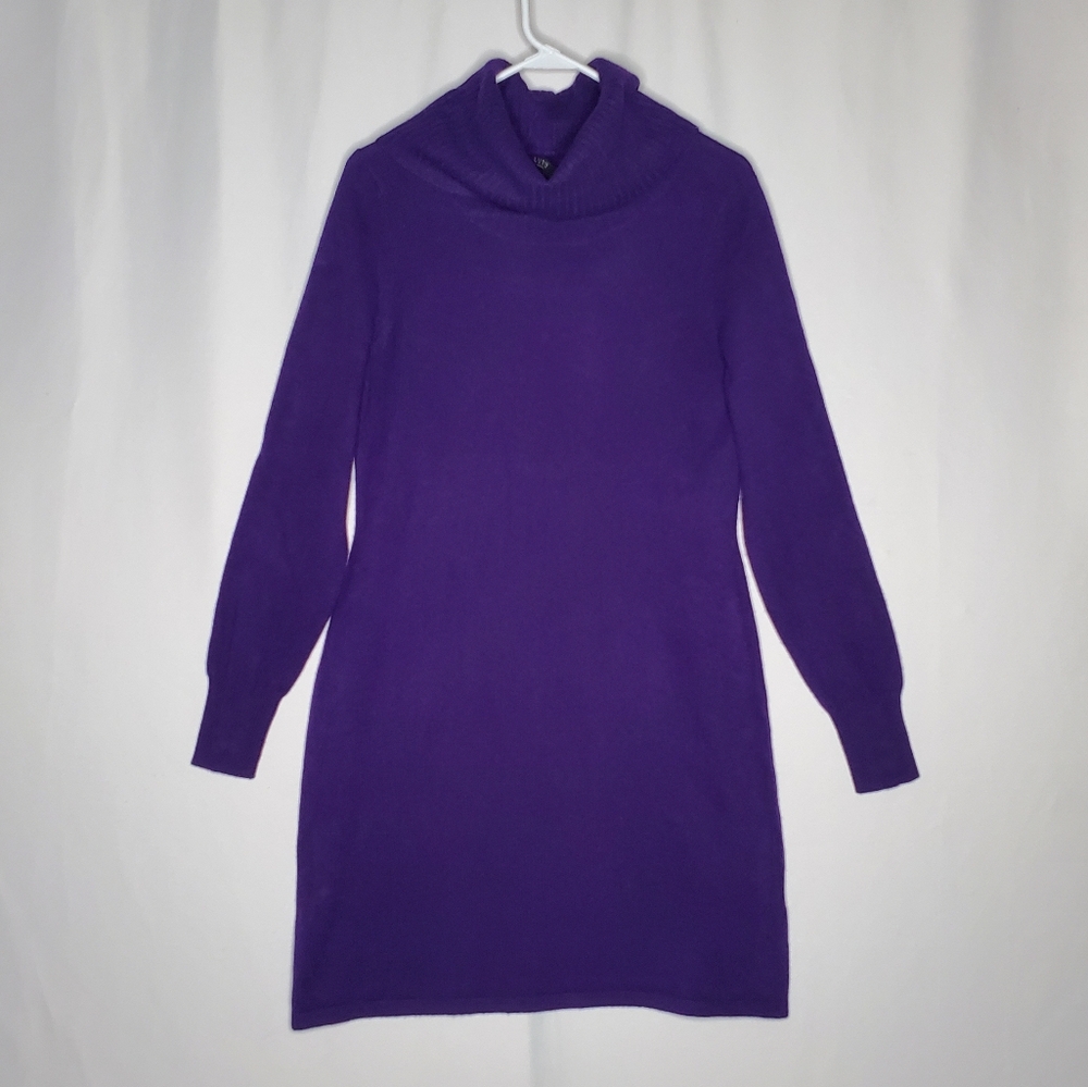 Lusso Cashmere Sweater Dress Medium Purple Long Sleeve Cowl Neck‎ Quiet Luxury